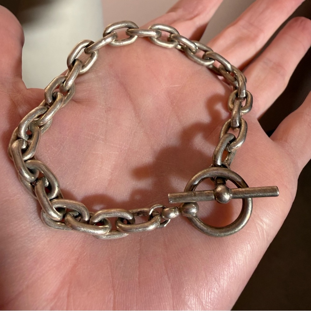 Vintage Sterling Silver Heavy oversized Chain Toggle Claps Charm Bracelet 8 in